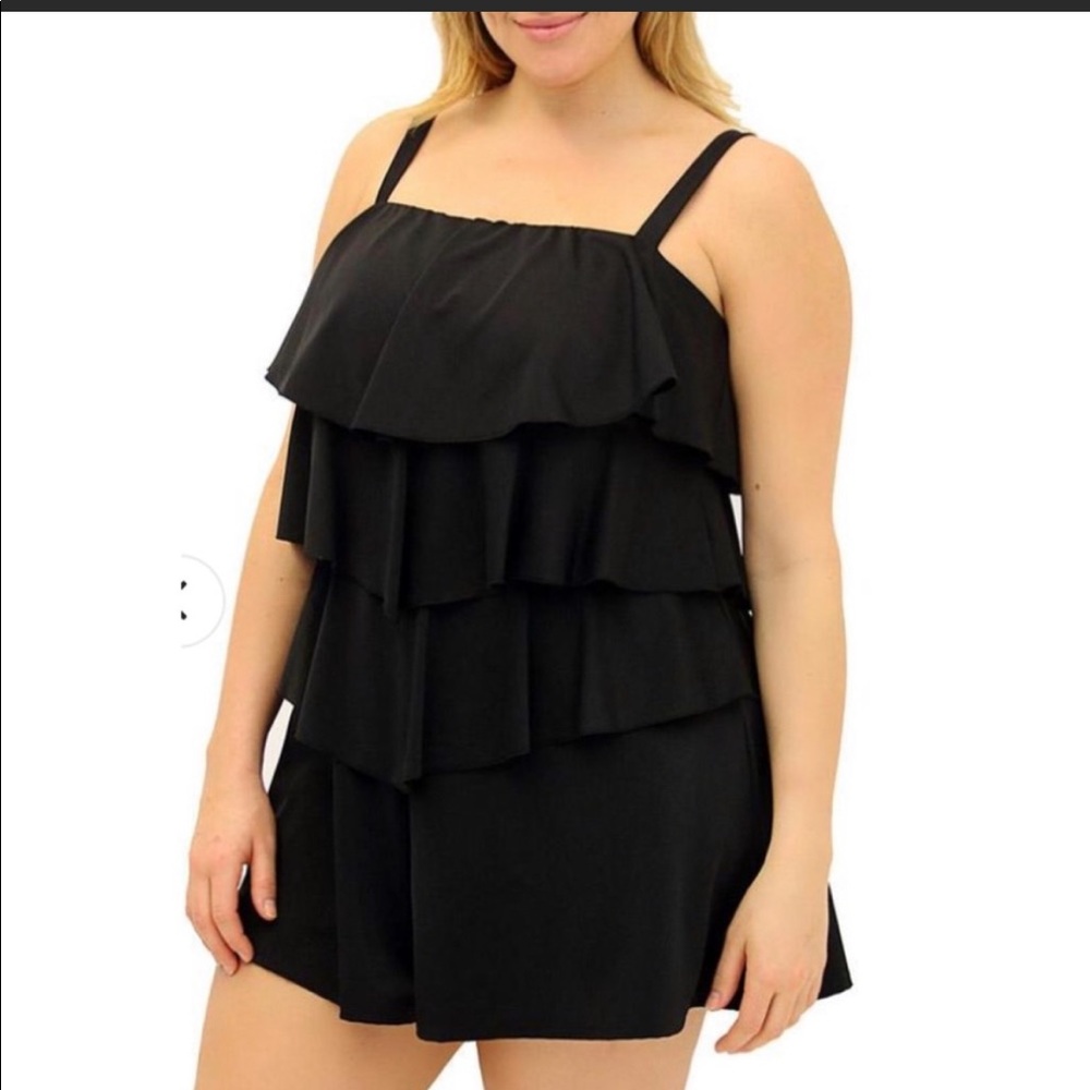 New Fit 4 U Double Tiered Swimsuit Swim set Black QVC Romper Plus size one size